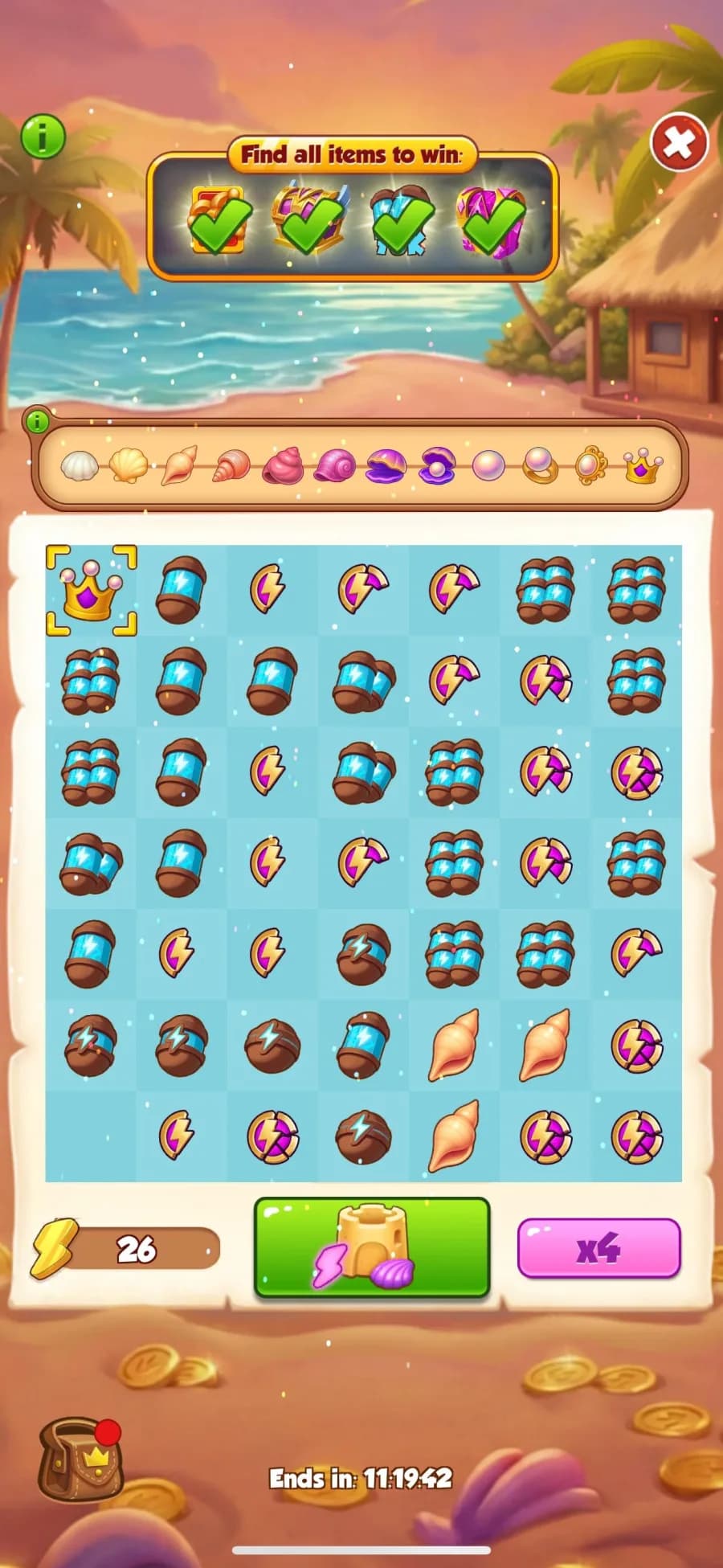 Merge Island mit x4, 26 Sparks, Muschelkette und vollem Brett