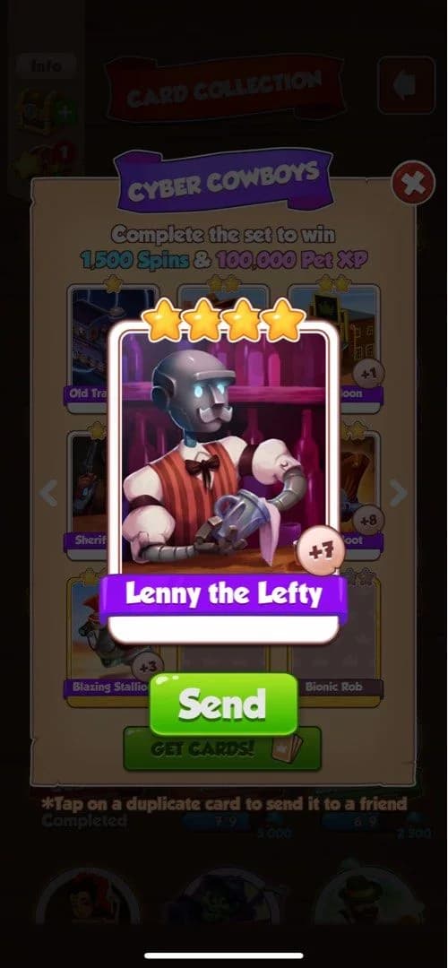 Coleção Cyber Cowboys com uma carta Lenny the Lefty duplicada pronta para envio