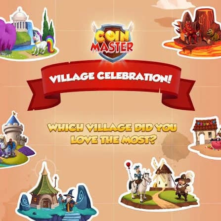 Coin Master Village Celebration screen asking which village players loved the most