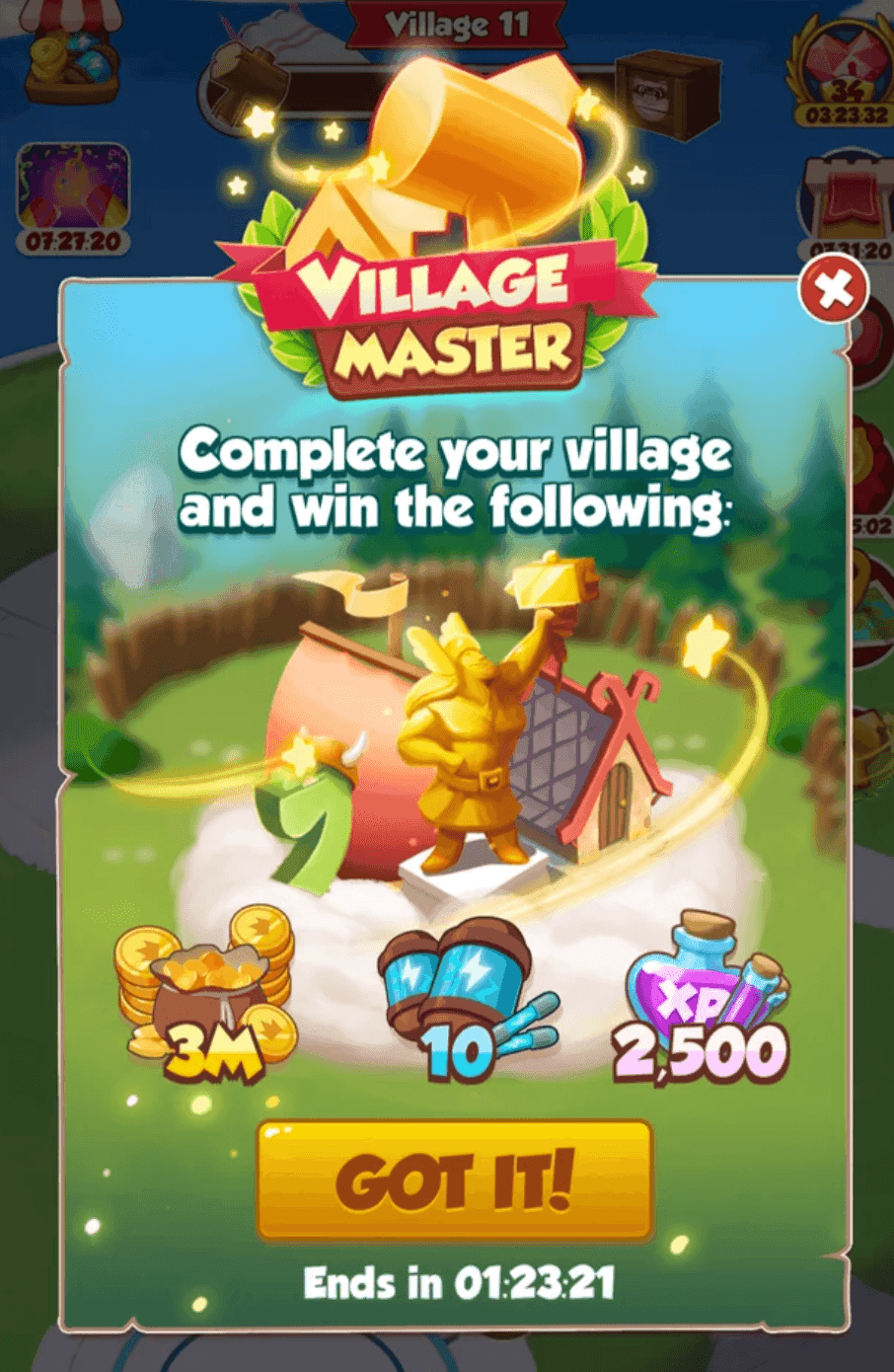 Coin Master Village Master completion reward screen